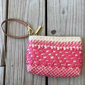 Tory Burch coral pink straw wristlet woven leather strap